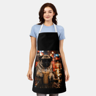 Funny Pug Drinking Iced Coffee Cute Dog Lover Gift Apron