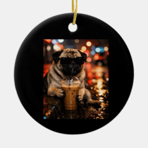 Funny Pug Drinking Iced Coffee Cute Dog Lover Gift Ceramic Tree Decoration