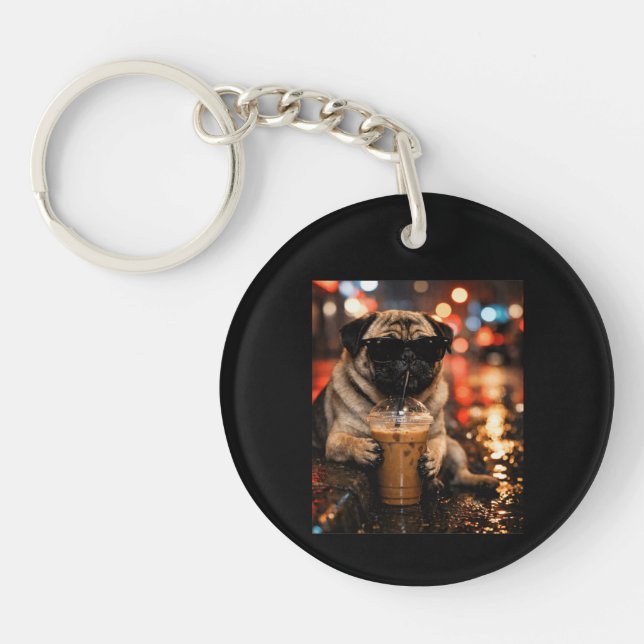 Funny Pug Drinking Iced Coffee Cute Dog Lover Gift Key Ring (Front)