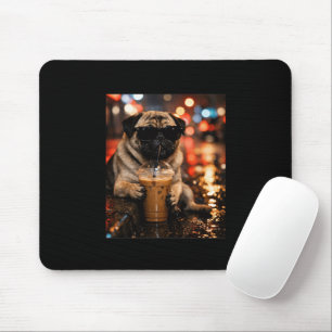 Funny Pug Drinking Iced Coffee Cute Dog Lover Gift Mouse Pad