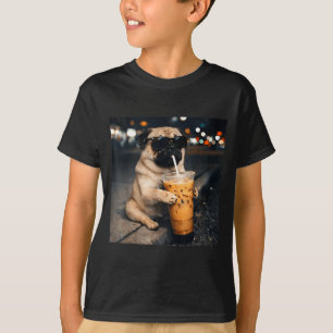 Funny pug drinking iced coffee cute dog meme humor T-Shirt