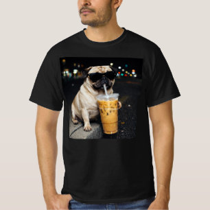 Funny Pug Drinking Iced Coffee Cute Dog Meme Humou T-Shirt