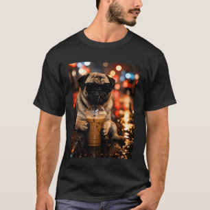 Funny Pug Drinking Iced Coffee for Dog Lovers Cost T-Shirt