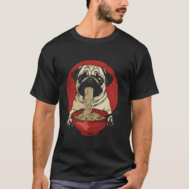 Funny Pug Eating Ramen T-Shirt (Front)