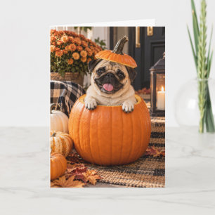 Funny Pug in Pumpkin Autumn Halloween Greeting Card