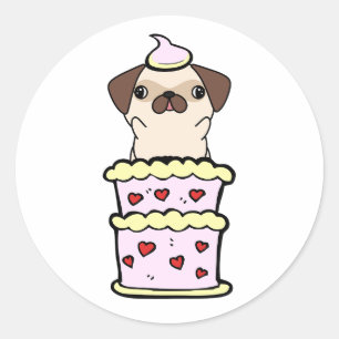 Funny pug jumping out of a cake classic round sticker