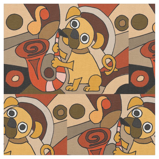 Funny Pug Playing Saxophone Abstract Fabric (Close Up)