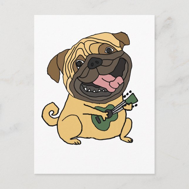 Funny Pug Playing Ukulele Cartoon Postcard (Front)