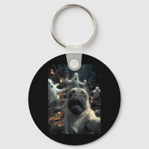 Funny Pug Selfie With Ghosts Haunted Forest Key Ring