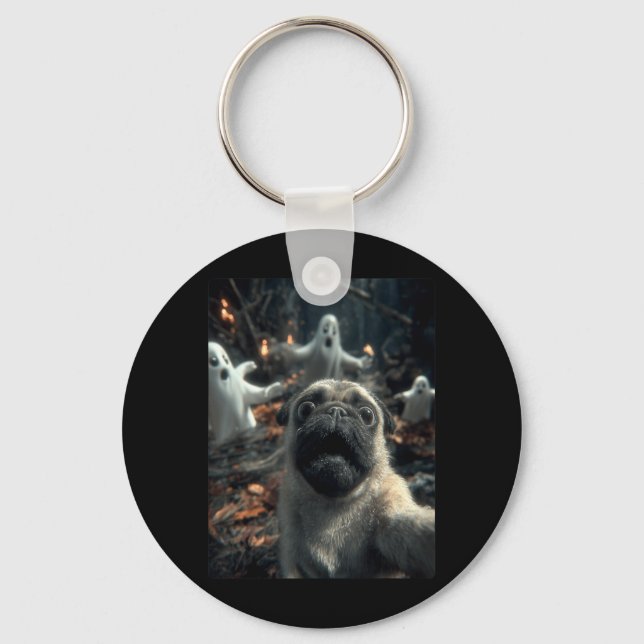 Funny Pug Selfie With Ghosts Haunted Forest Key Ring (Front)