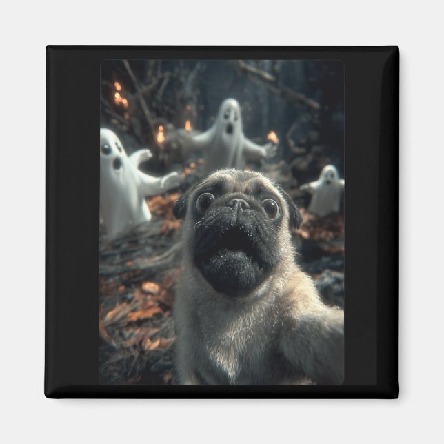 Funny Pug Selfie With Ghosts Haunted Forest Magnet (Front)