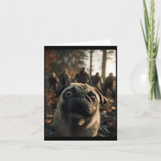 Funny Pug Selfie With Zombies Spooky Forest Card