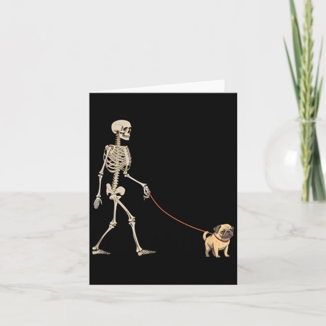 Funny Pug Skeleton Dog Walking Halloween Dog Card (Front)