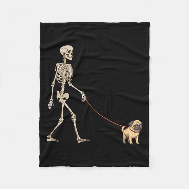 Funny Pug Skeleton Dog Walking Halloween Dog Fleece Blanket (Front)