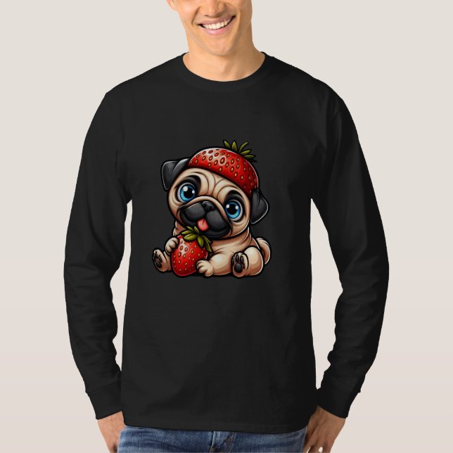 Funny Pug Strawberry Fruit Cartoon T-Shirt (Front)