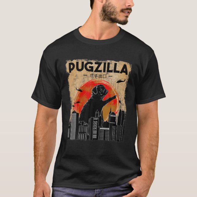 Funny Pug T, Pugzilla T, Funny Dog Pug T-Shirt (Front)