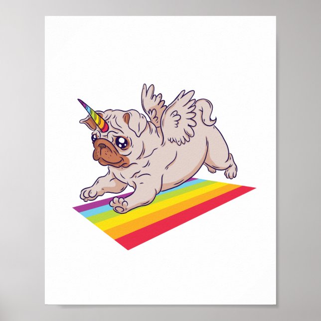 Funny PUG wanna Be A Unicorn Cute Rainbow Dog Poster (Front)