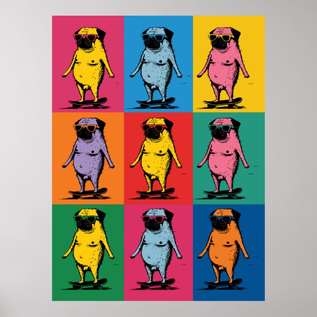 Funny Pugs on Skateboards Pop Art Grid Poster (Front)