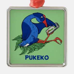Funny Pukeko with mobile phone Metal Tree Decoration
