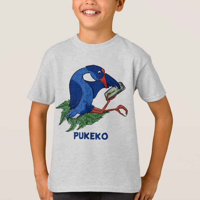 Funny Pukeko with mobile phone T-Shirt (Front)