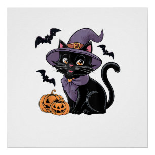 Funny Pumpkin Bat Witch Costume Black Cat Hallowee Poster