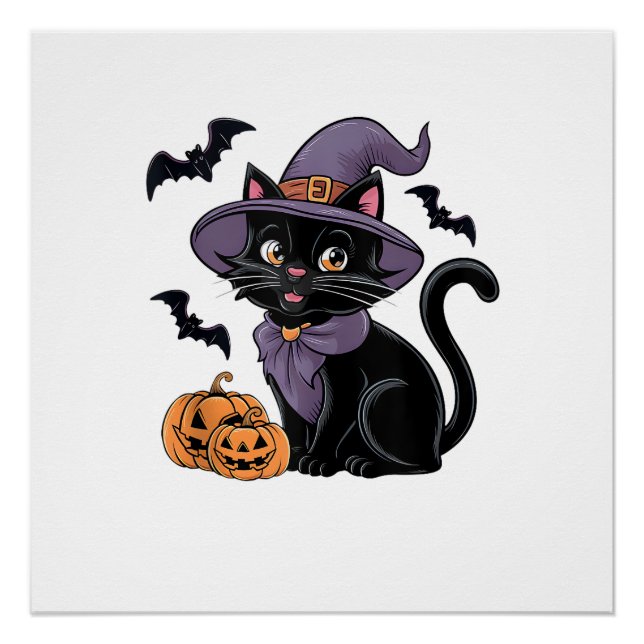 Funny Pumpkin Bat Witch Costume Black Cat Hallowee Poster (Front)