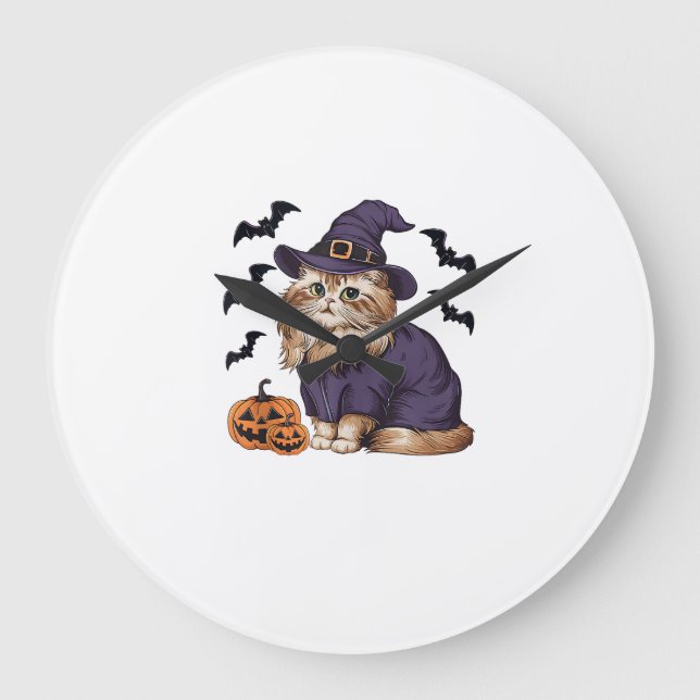 Funny Pumpkin Bat Witch Costume Persian Cat Hallow Large Clock (Front)
