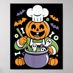 Funny Pumpkin Chef Cooking Halloween Cauldron Desi Poster