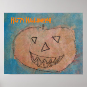 Funny Pumpkin Happy Halloween Kids Art Watercolor Poster