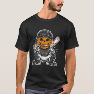 Funny Pumpkin Skeleton Playing Baseball Catcher Ha T-Shirt