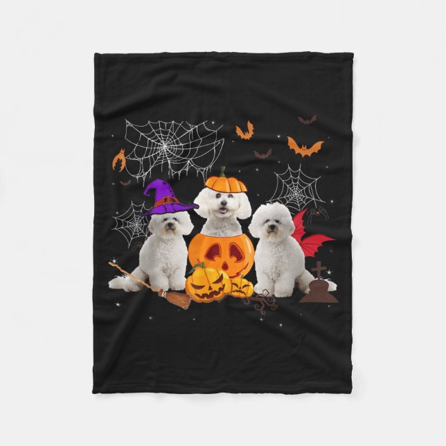 Funny Pumpkin Witch Bichon Frise Dog Halloween Fleece Blanket (Front)