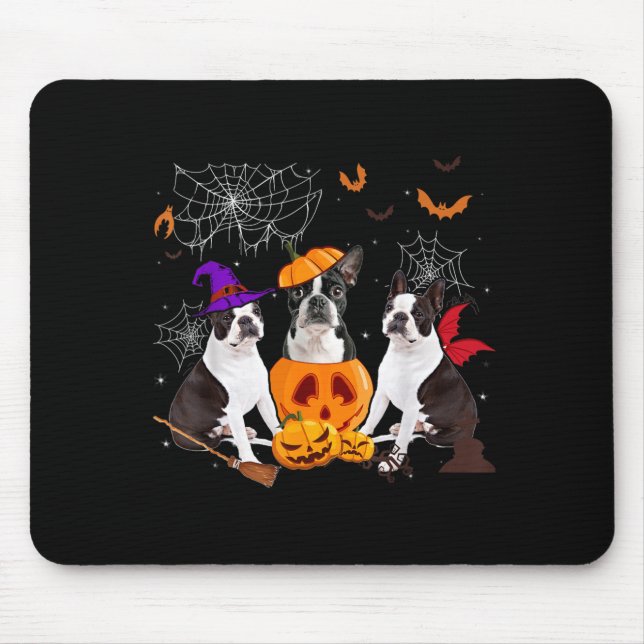 Funny Pumpkin Witch Boston Terrier Dog Halloween Mouse Pad (Front)