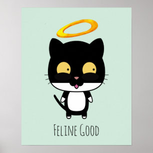 Funny Pun Black Cat With A Golden Halo Cartoon Poster