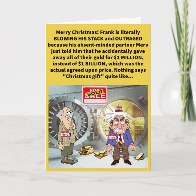 Funny Pun Gold, Frank Incensed, and Merv Christmas Card (Front)