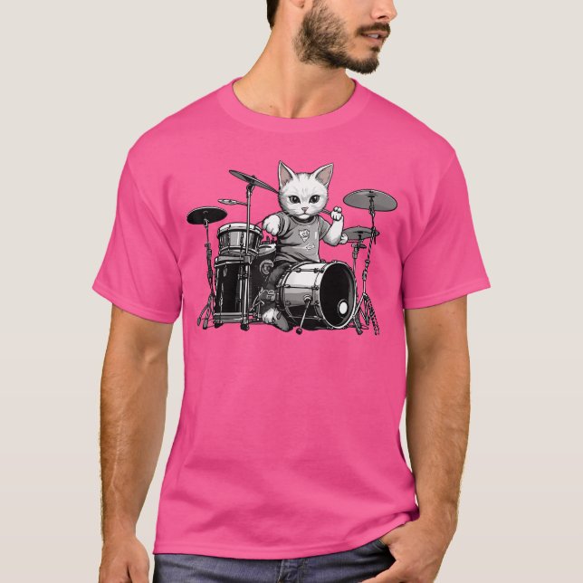 Funny Punk Kitten Drummer Cat Playing Drums Graphi T-Shirt (Front)