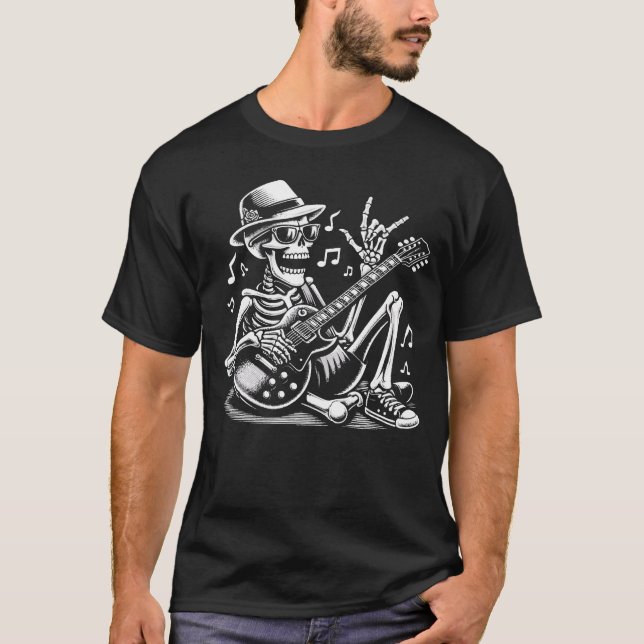 Funny Punk skeleton playing guitar Rock And Roll B T-Shirt (Front)