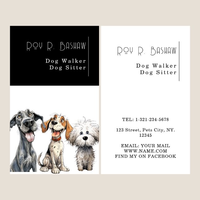 Funny Puppy Dog Walker Sitter Black and White  Business Card (Creator Uploaded)