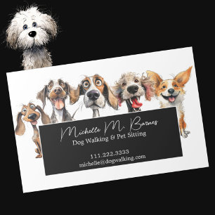 Funny Puppy Dog Walker Sitter Black White  Magnetic Business Card