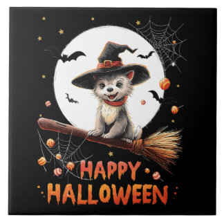 Funny Puppy Dog Witch Candy Spooky Ghost Halloween Tile