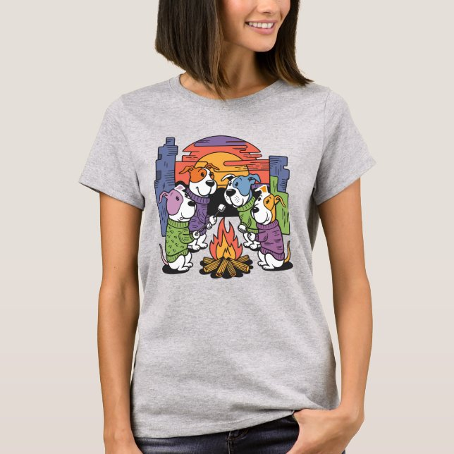 Funny Puppy Dogs Roasting Marshmallows over Fire T-Shirt (Front)