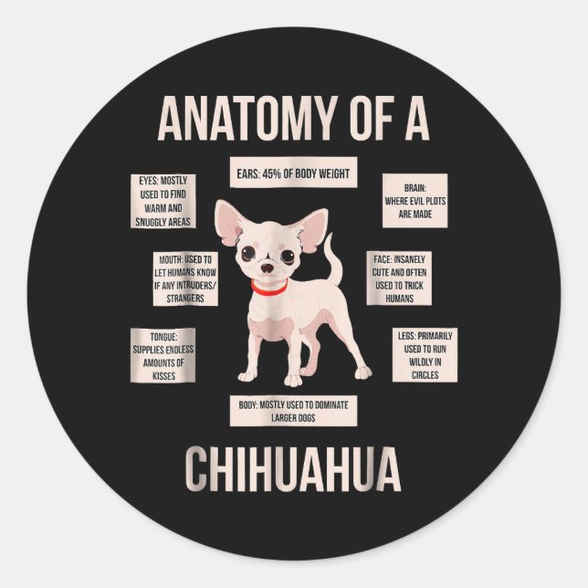 Funny Puppy Gift Anatomy Of A Chihuahua  Classic Round Sticker (Front)