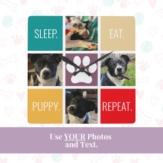 Funny Puppy Sleep Eat Repeat Dog Lover Colourful Square Wall Clock