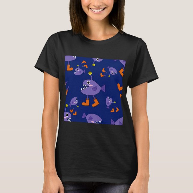 Funny Purple Angler Fish in Boots Pattern T-Shirt (Front)