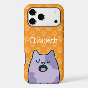 Funny Purple Cartoon Cat, Name Option On Orange