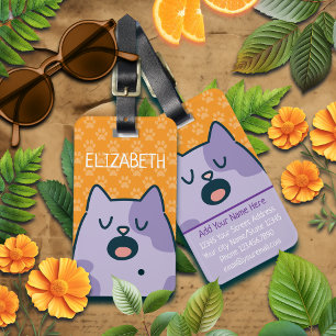 Funny Purple Cartoon Cat, Name Option On Orange Luggage Tag