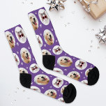 Funny Purple Custom 2 Pet Photo Paw Print Socks<br><div class="desc">Put your pup's face on full display with these playful custom socks featuring two pet photos in round frames on a bold purple background with scattered white paw prints. Upload your favourite dog or cat photos for a personalised gift that's guaranteed to get laughs. Perfect for birthdays, holidays, or any...</div>