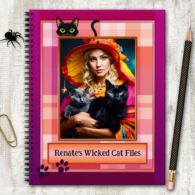 Funny Purple Plaid Wicked Cat Files Photo Notebook (The wicked cat files - funny notebook featuring your photo on a pink plaid pattern with black cat)