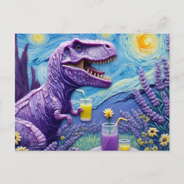 Funny purple T-Rex with lemonade fantasy  Postcard (Front)