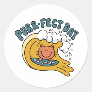 Funny Purrfect Day Surfing Cat Retro Waves Laptop  Classic Round Sticker