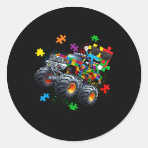 Funny Puzzle Riding Monster Truck Autism Awareness Classic Round Sticker